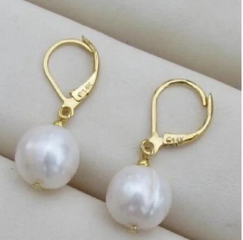 

NEW AAA 11-12mm real natural South Sea White Pearl Earrings 14K YELLOW GOLD