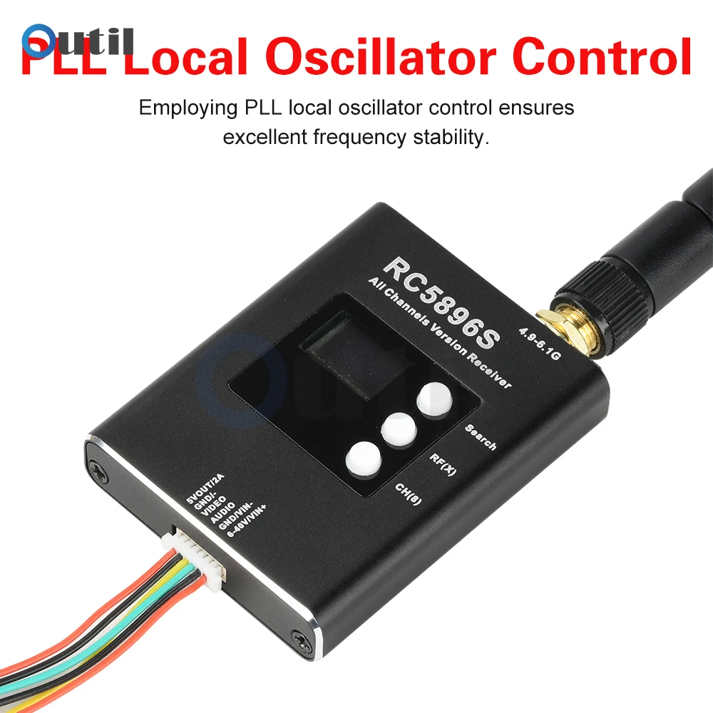 Détail des boutons et de l'écran du récepteur vidéo 5.8G large bande pour drone FPV.