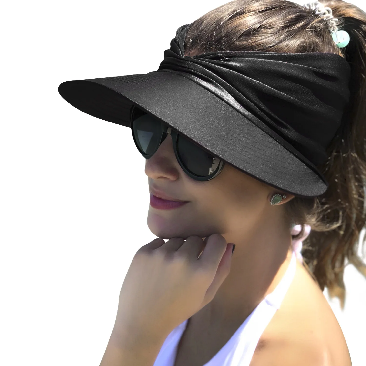 

2023 Womens Sun Visor Hat Wide Brim Summer UPF 50+ UV Protection Packable Ponytail Beach Sport Elastic Hollow Cap
