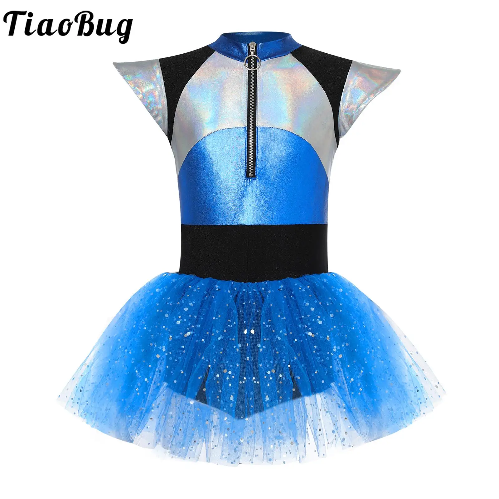 Kinder Mädchen Alien Cosplay Kostüm Cheerleading Tanz Kleid Kurzarm Glänzende Flitter Tutu Trikot Halloween Party Dancewear