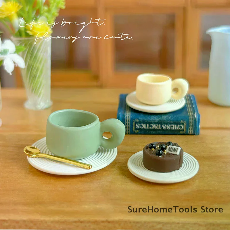 1Pcs Dollhouse French Retro Mini High Foot Relief Mark Coffee Cup With Handle Miniature Scene Decoration High End Stemmed Mugs
