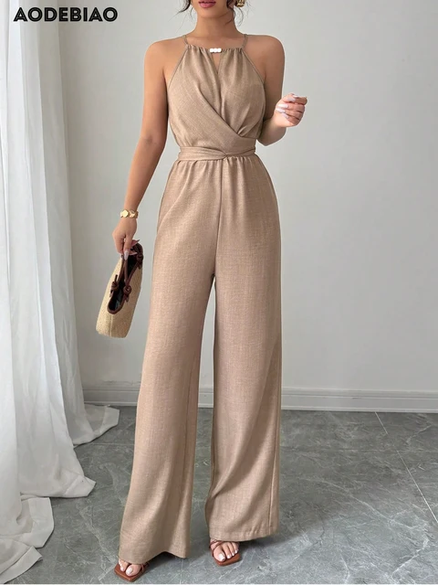 Women's Jumpsuits Summer Sleeveless Solid Fashion Bandage O- Neck Sexy Slim Folds Jumpsuits Casual Streetwear Simple Jumpsuits 1