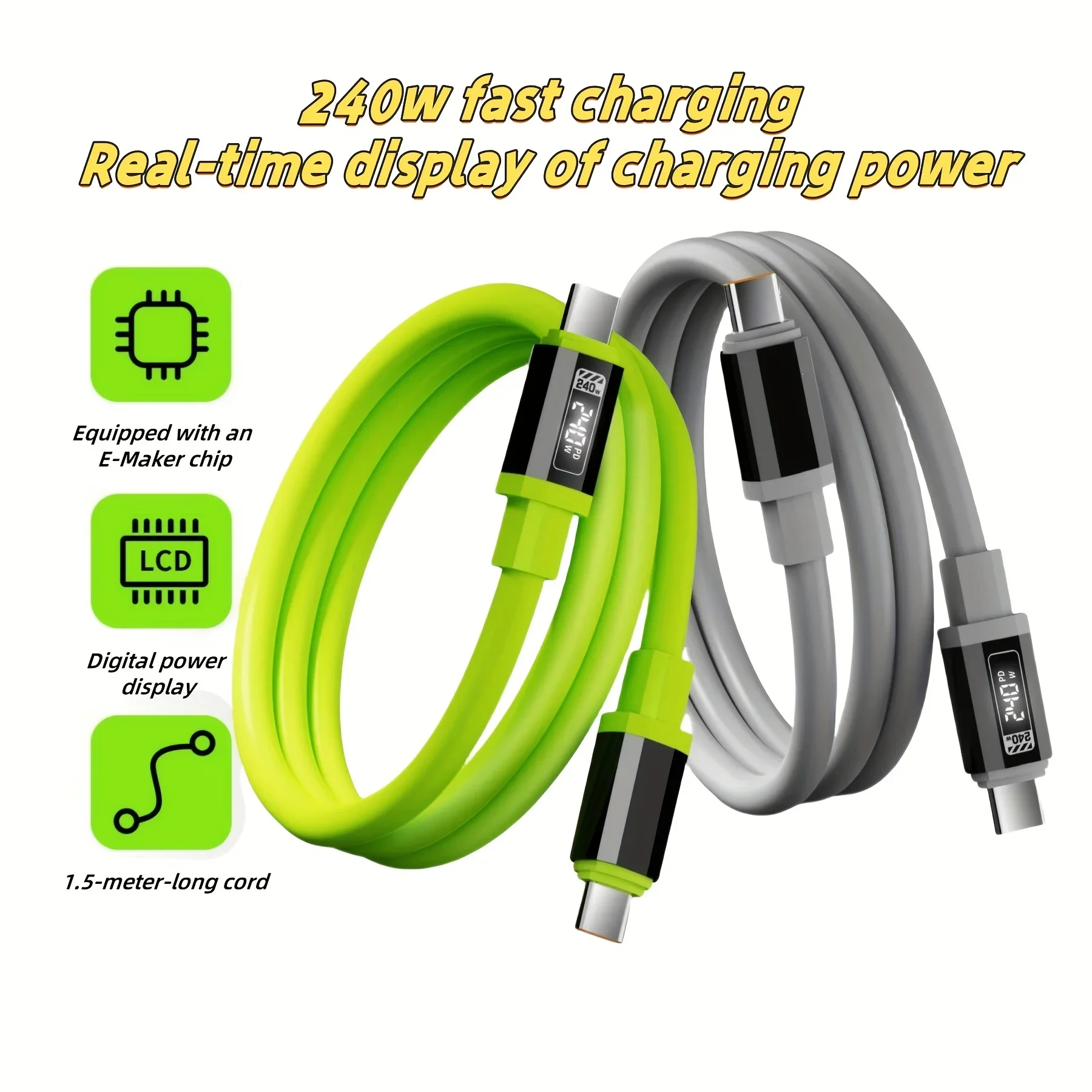 USB C Cable 240W Fast Charger Cord with Power Display for IPhone Samsung Xiaomi Huawei VIVO Phones 1.5m Type C Charging Cable
