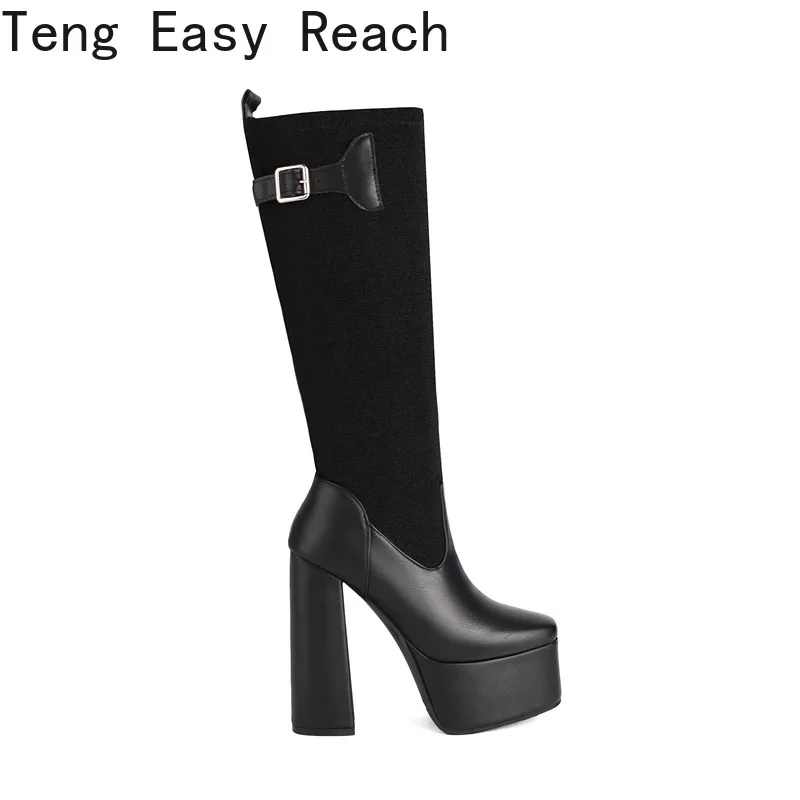 Women Chunky Platform Over The Knee Boots Ladies Autumn Winter High Heels Pu Leather Long Boots Woman Fashion Motorcycle Botas