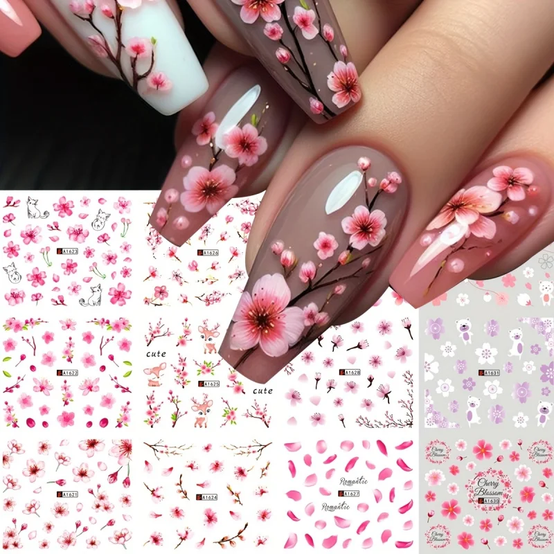 Cherry Blossom & Bear Water Transfer Nail Stickers - Pink Floral Design