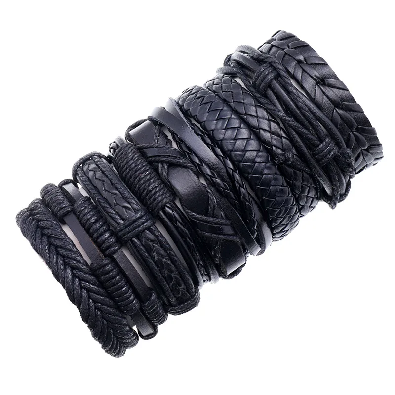Set of 10 Unisex Handmade Braided Black Leather Bracelets - Minimalist Style