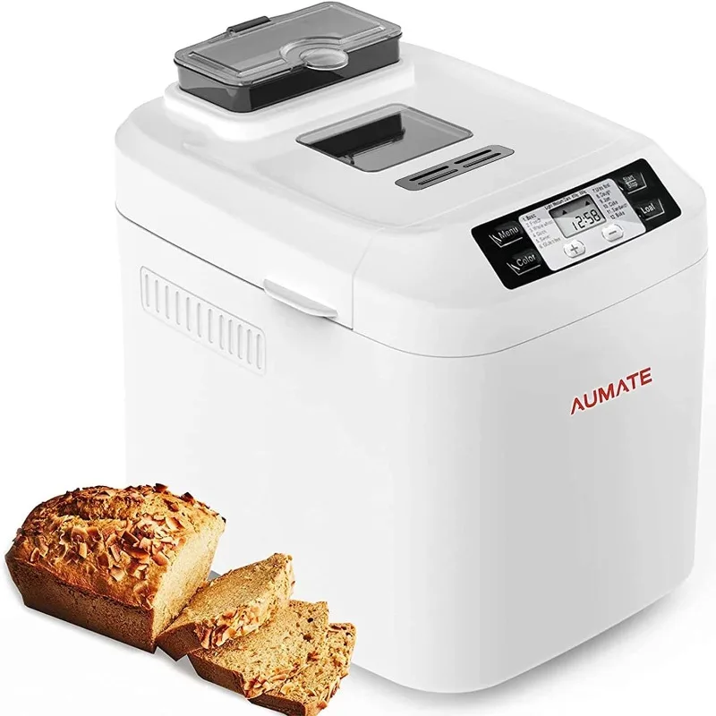

Bread Machine,AUMATE 2LB Bread Maker,with 12 Presets,Gluten-Free Setting,Auto Fruit Nut Dispenser & Nonstick Pan,2 Loaf Sizes