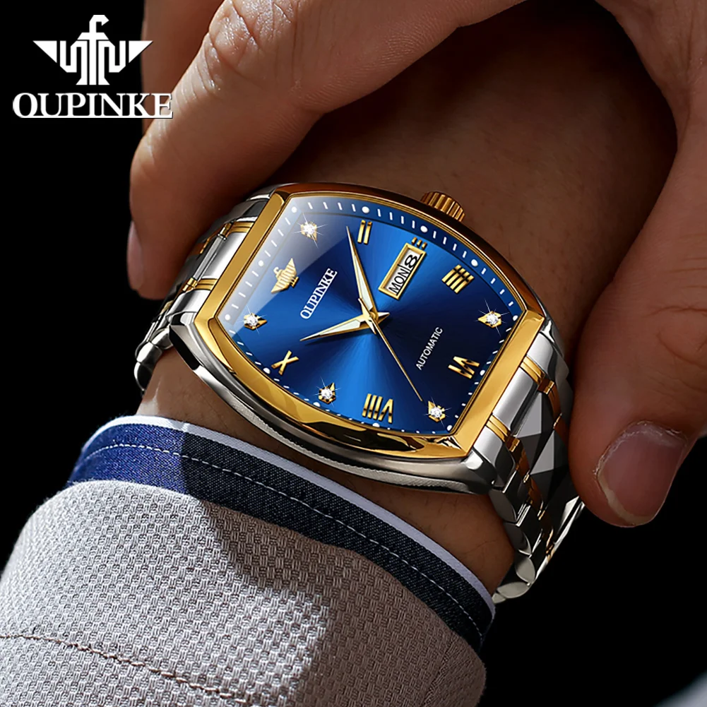 OUPINKE 3200 Automatic Men Watch Tonneau Roman Scale Dual Calendar Mechanical Watch For Men Waterproof Luxury Dress Wristwatches
