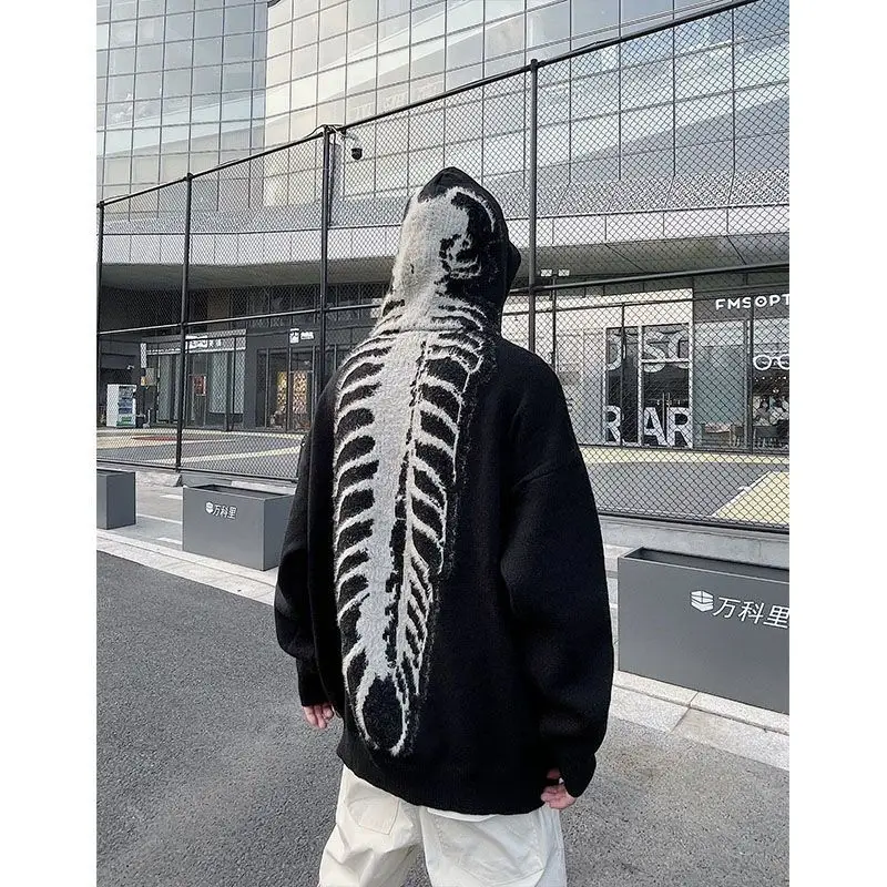 

American High Street Retro Hooded Sweater Male and Female Trendy Brand Winter Loose Hip Hop Skeleton Sweater Casual Knitwear