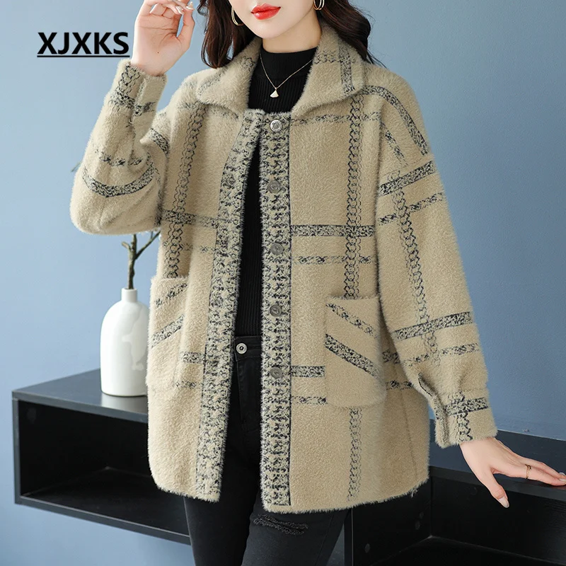

XJXKS Fashion Lapel Long-sleeved Women's Tweed Coat 2022 Winter New Soft Warm Comfortable Single-breasted Cardigan Ladies Jacket