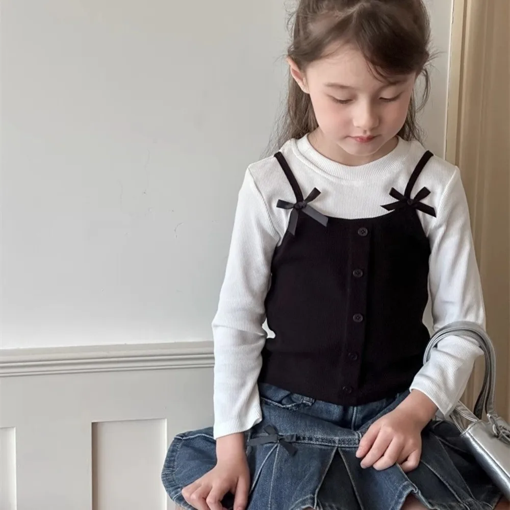Nette Koreanische Stil Falsche Zwei-stück Top Prinzessin Elegante Langarm T-shirt Bogen Basis Shirt Mädchen Tragen – Detail 7
