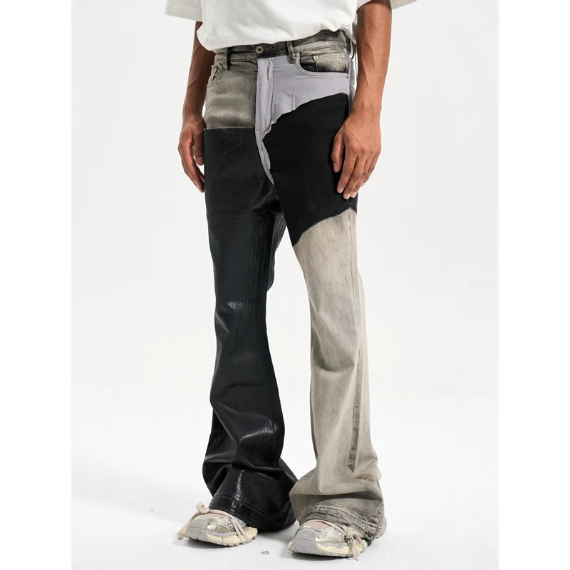 

High Street Designer Wear Stitching Contrast Color Coating Style Fashion Brand Casual Loose Slim Fit Wax-Coated Skinny Jeans