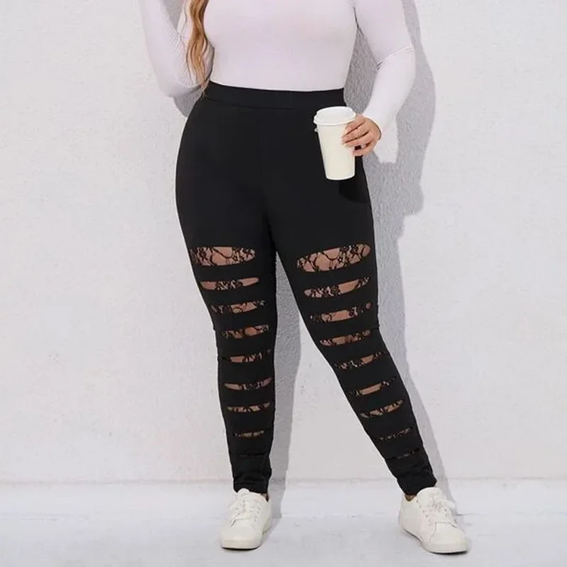 

Spring Black Streetwear Leggings Women Gothic Large Size Lace Spliced Holes Leggins Sexy Solid Elastic Club Tight Legging Womens