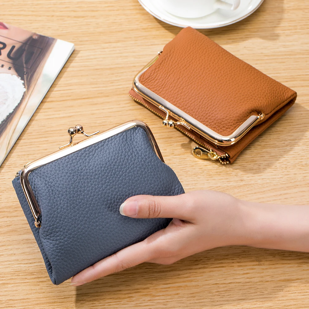 Women's Small Wallet for Women Retro First Layer Leather Credit Card Case Bifold Change Wallet with Card Slots and Zipper Pocket