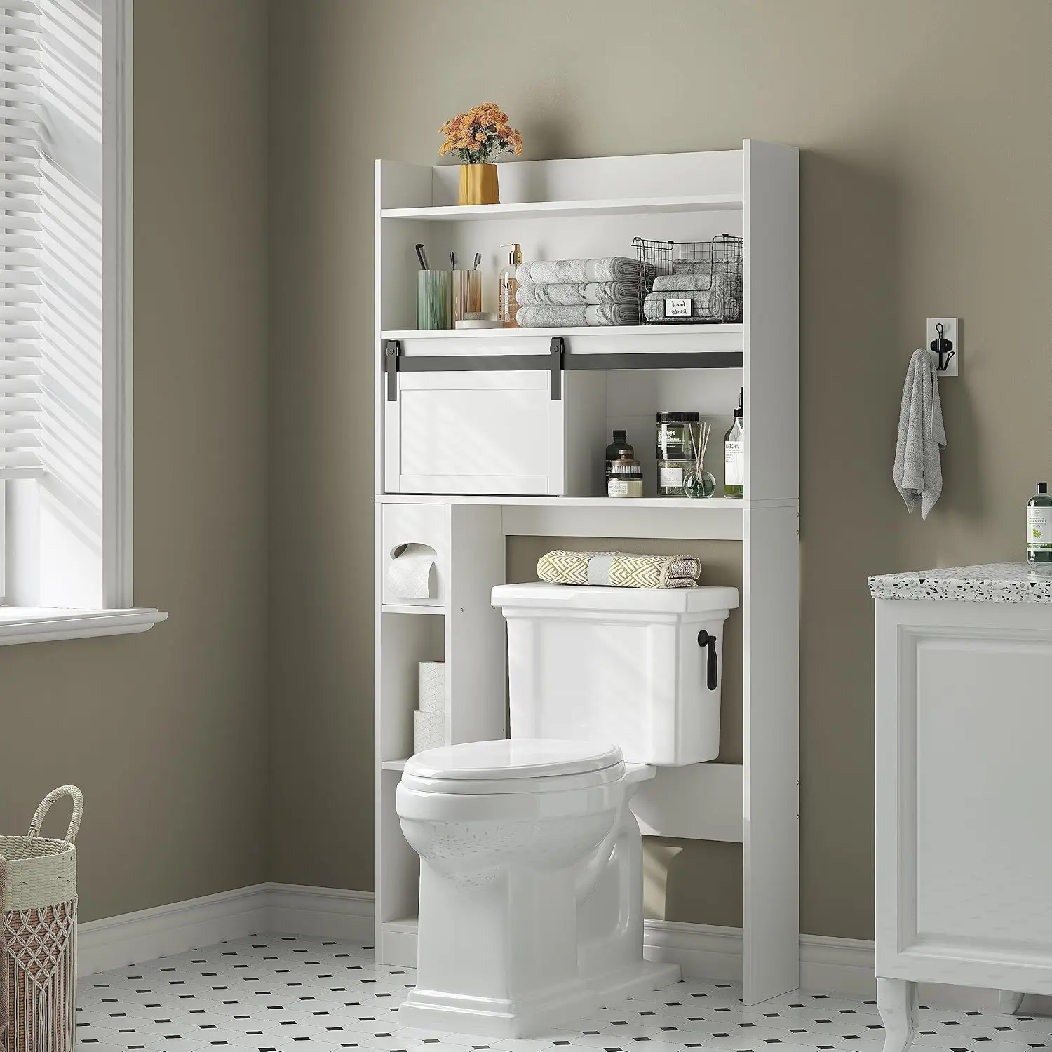 Over The Toilet Storage Cabinet, 6-Tier Toilet Organizer Rack, Bathroom Shelf Over Cabinet with Sliding Door fo