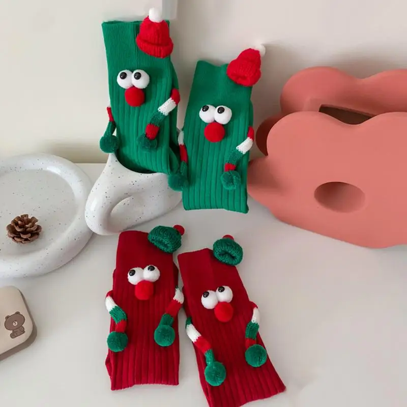Christmas Women's Socks Cartoon Cute Christmas Middle Tube Socks Funny Couple Holding Hands Magnetic Funny Xmas Gift