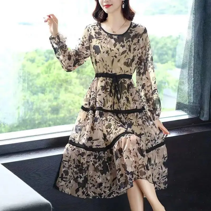 Elegant Vintage Ladies Printed Dresses Long Sleeve Spring Autumn Loose Fashion Lace Up Spliced Midi Party Dress Women\'s Clothing