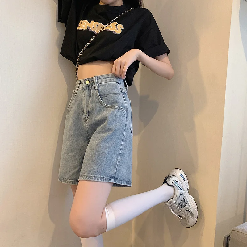 Summer Women Fashion Light Blue Wide-Leg Hot Shorts White Plus Size Casual Straight Jeans High Waist Slim A-Line Denim Shorts