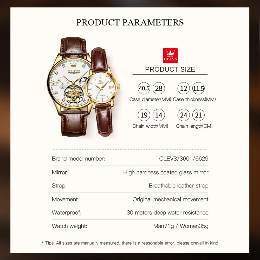 OLEVS Skeleton Couple Watch Automatic Mechanical Stainless Steel Watches for Men and Women Waterproof Luminous Wrist Watch Reloj