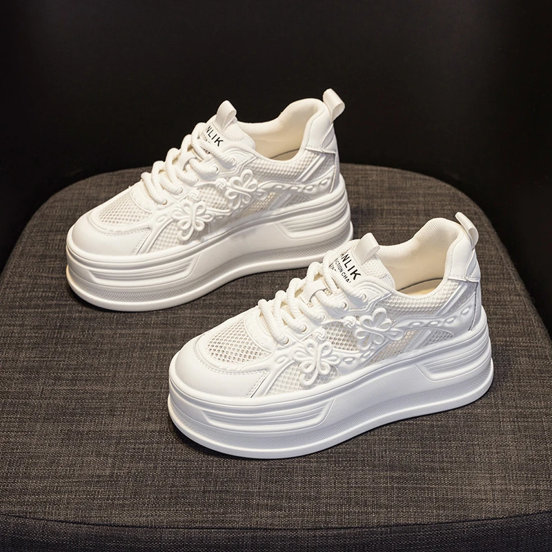 Womens White Mesh Platform Sneakers Breathable Thick Sole Casual Shoes With Flower Embroidery Lightweight Non Slip For Summer Da 4
