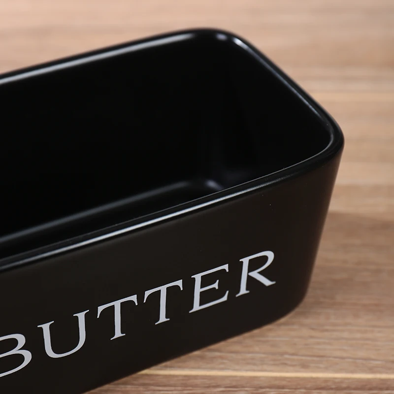 Black Butter Dish with Lid and Knife for Countertop Airtight Ceramic Butter Retainer with Acacia Wood Cover for Counter or Refrigerator Black Trim & Accessories