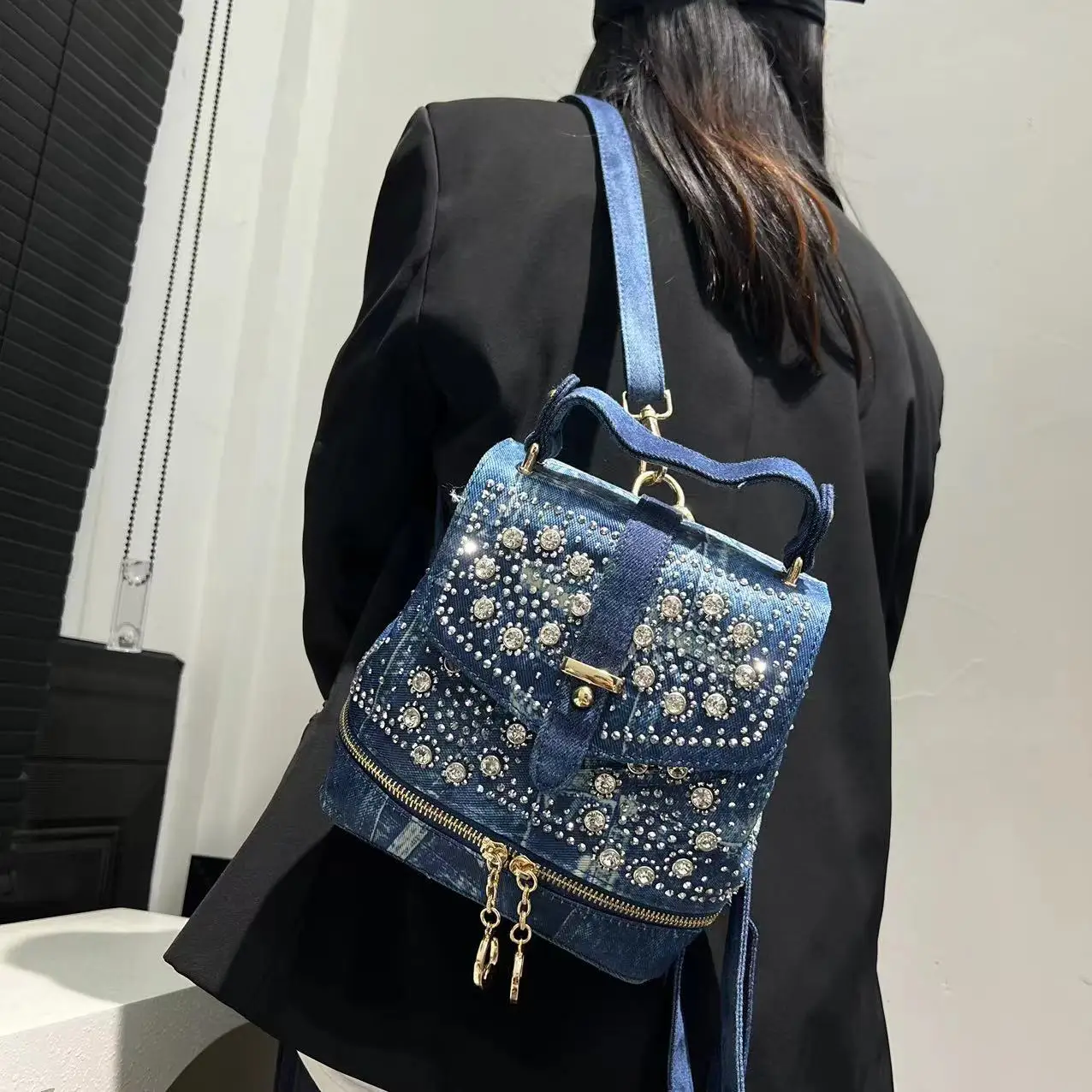 Women's Fashion Diamond Elegant Backpack Multifunctional Diamond Denim Shoulder Bag 3