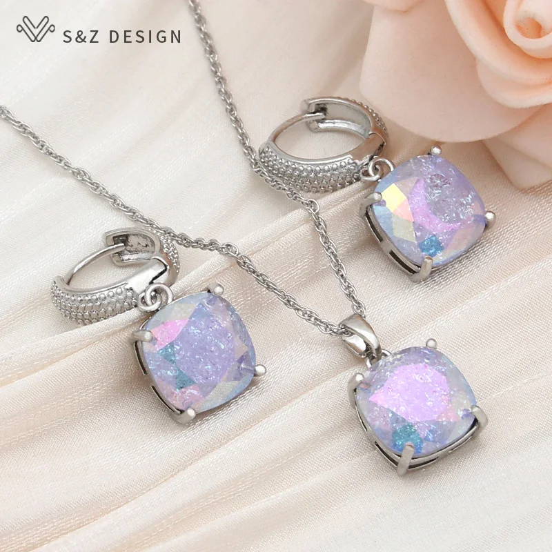 S&Z DESIGN New Fashion Square Crack Crystal Dangle Earrings Jewelry Sets For Women Wedding 585 Rose Gold Color Necklace Gift