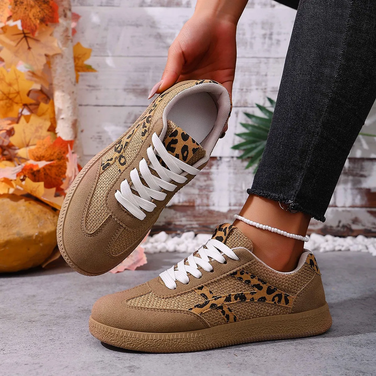 Flat Heel Plus Size 43 Sports Shoes Women All Match Low Top Mix Color Women's Sneakers Leopard Print Vulcanize Shoes Woman