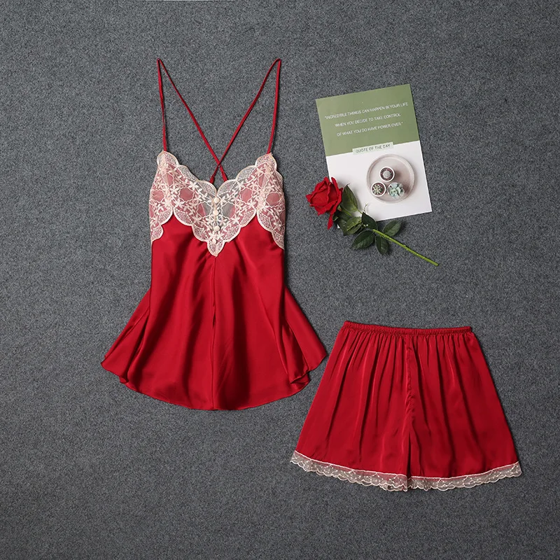 

European and American cross-border sexy suspender pajamas two-piece set casual thin satin chiffon back home shorts pajamas