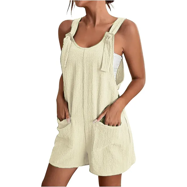 Women Boho Loose Overalls Solid Color Square Collar Playsuits Sleeveless Rompers Summer Casual Clothes Jumpsuit With Pocket 5