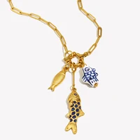 E.B.belle New Design Golden Plated Stainless Steel Waterproof Paper Clip Chain Fish Charm Necklace Women Men Jewelry