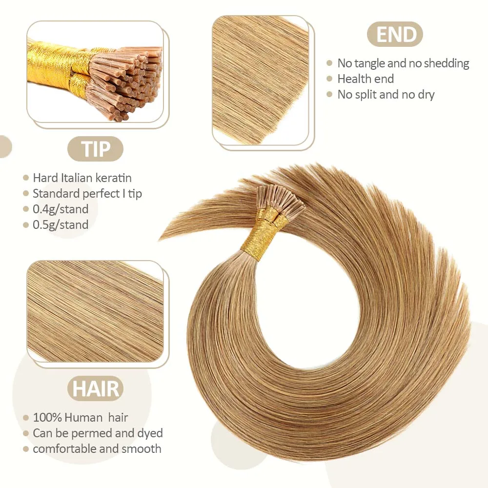 Straight I Tip Hair Extensions Natural Real Human Fusion Hair Extensions 100pcs/Set Keratin Capsule Brown Blonde Color 16-24inch