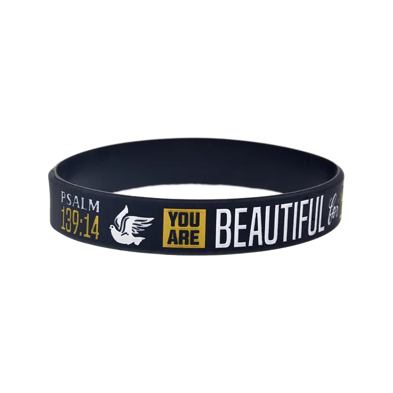 1PC/4PCS Christian Bible Verse Silicone Wristband 139:14 33:3 4:13 6:10 Inspirational Rubber Bracelet Black 2