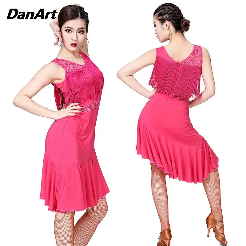 

Latin Dance Competition Dress Stage Performance Dress Ballroom Salsa Rumba Sleeveless Lace Dance Practice Dress Tassel Dress