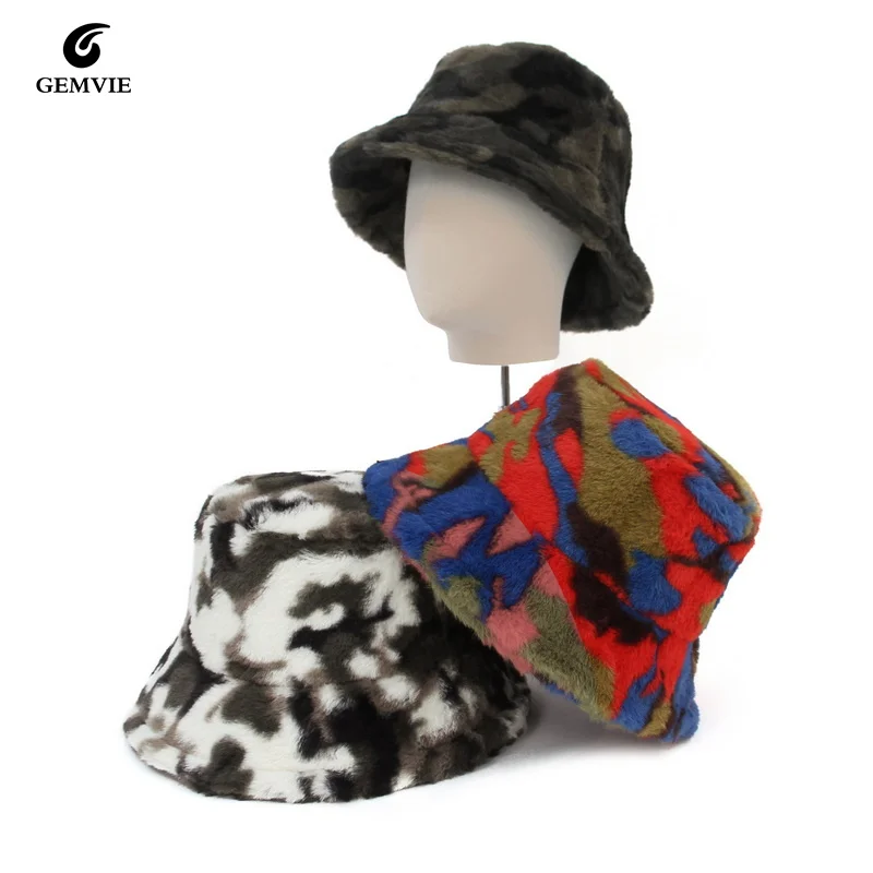 

Autumn Winter Camouflage Faux Fur Bucket Hats Women Girl Fashion Warm Soft Fisherman Hat Ladies Outdoor Panama