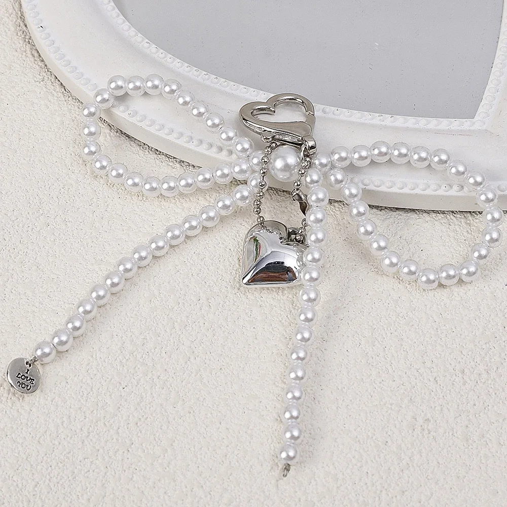 Korean-Inspired Cute Bow & Pearl Charm with Y2K Heart Pendant - Versatile Accessory for Phones, Bags, and Keychains