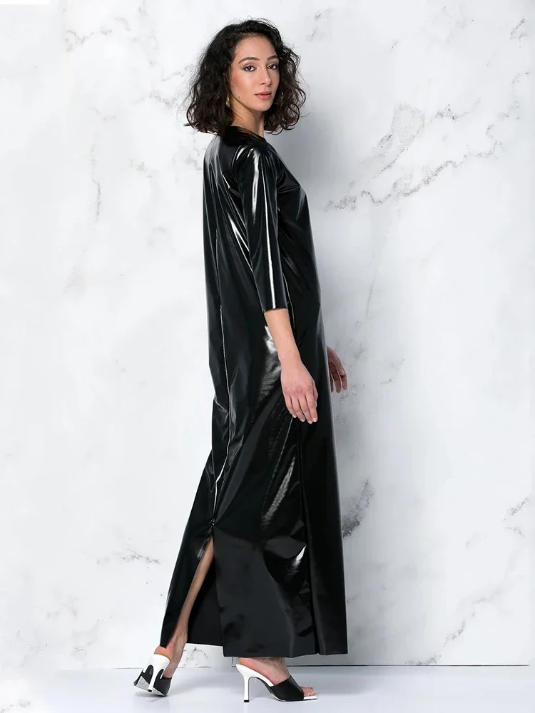 Women Shiny Patent Leather Maxi Dress Long Slevee Sexy Faux Latex Loose  Long Dress Hem Split PVC Casual Homewear Pullover Custom - AliExpress  200000345