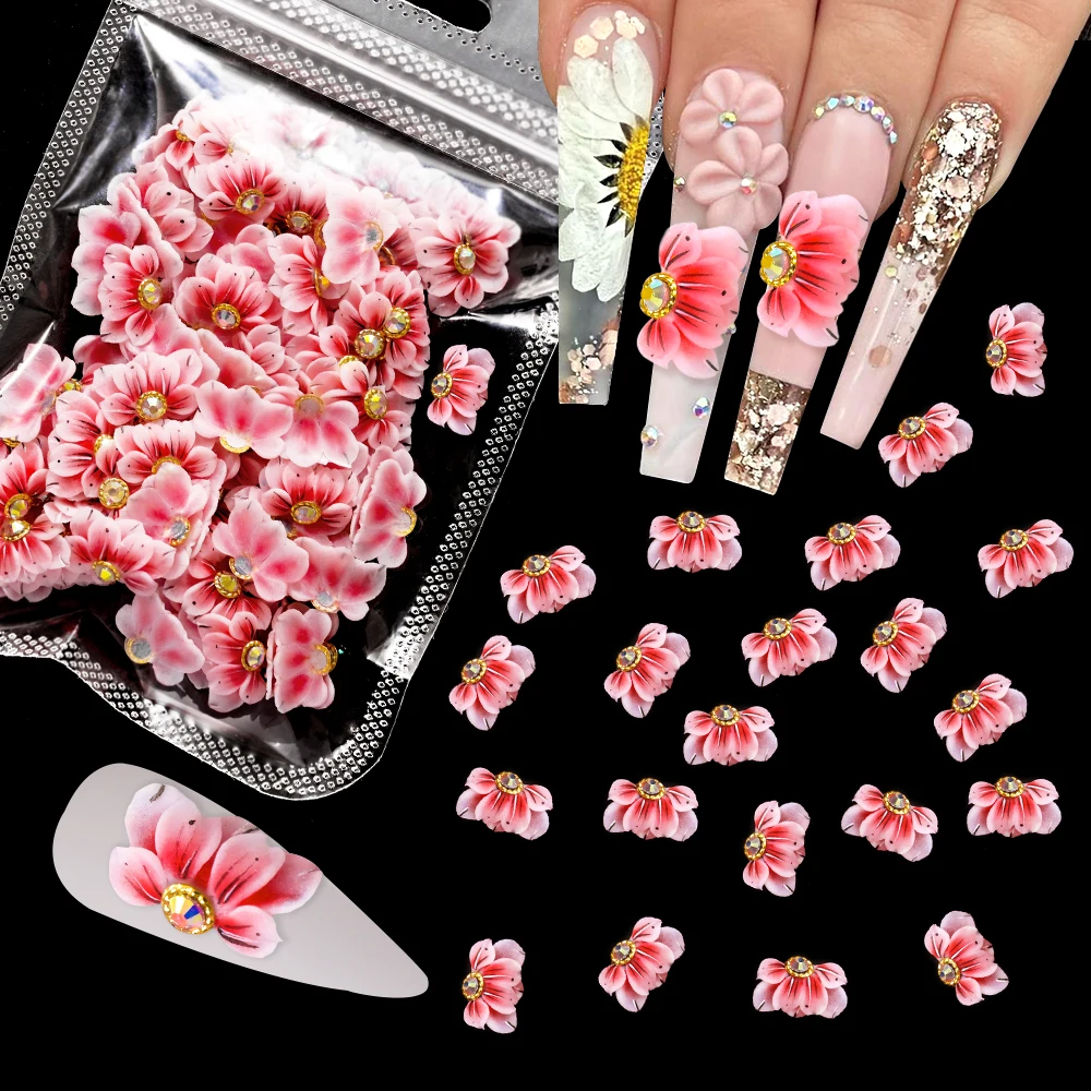 5PcsHandmadeSculptureFlowerNailCharmsWhitePinkAcrylicFloralWithPearlRhinestone