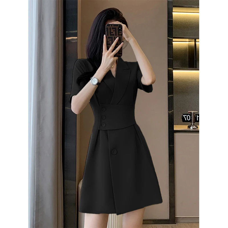 Summer New Office Lady Elegant Fashion Waist Dress Femme Short Sleeve Temperament Solid Robe Vestidos De Fiesta Women\'s Clothing