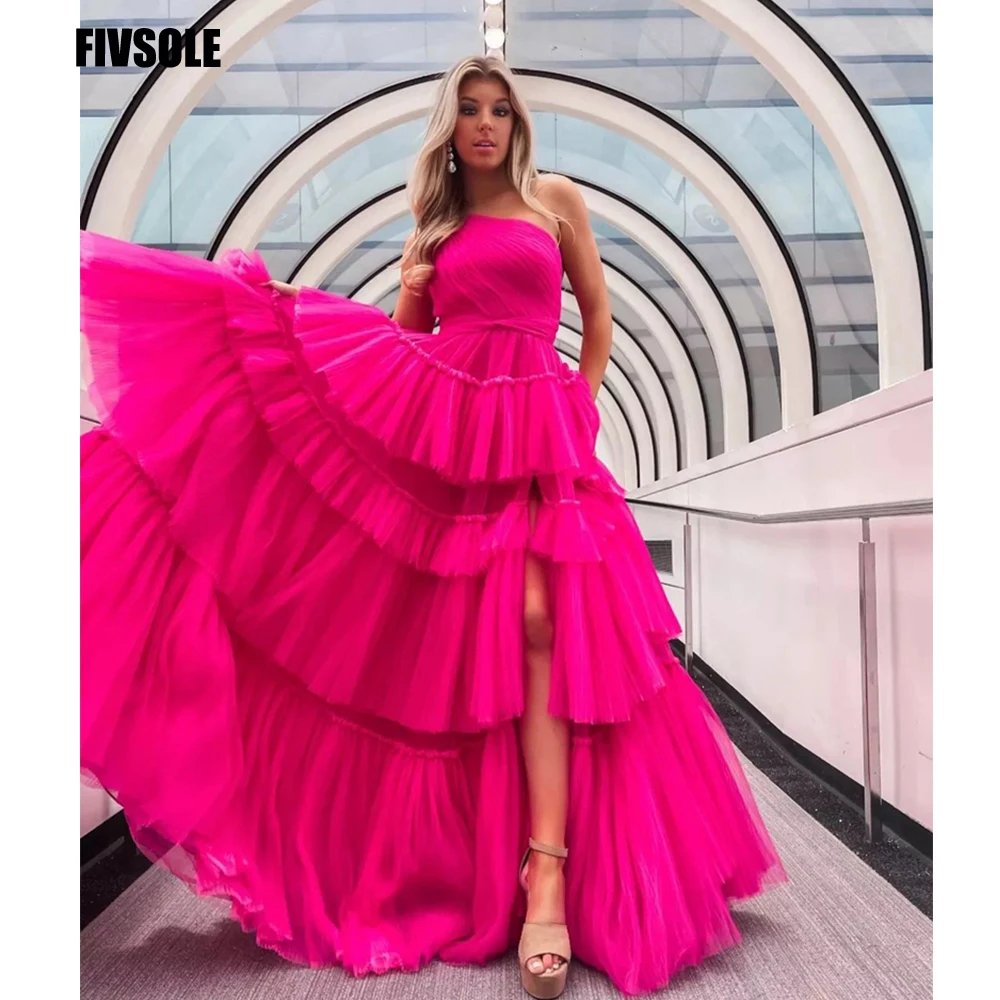 

Fivsole Long Prom Dress Women Evening Dress One Shoulder Skirt Tiered Birthday Fairy Dresses With Side Slit Cocktail Party Gowns