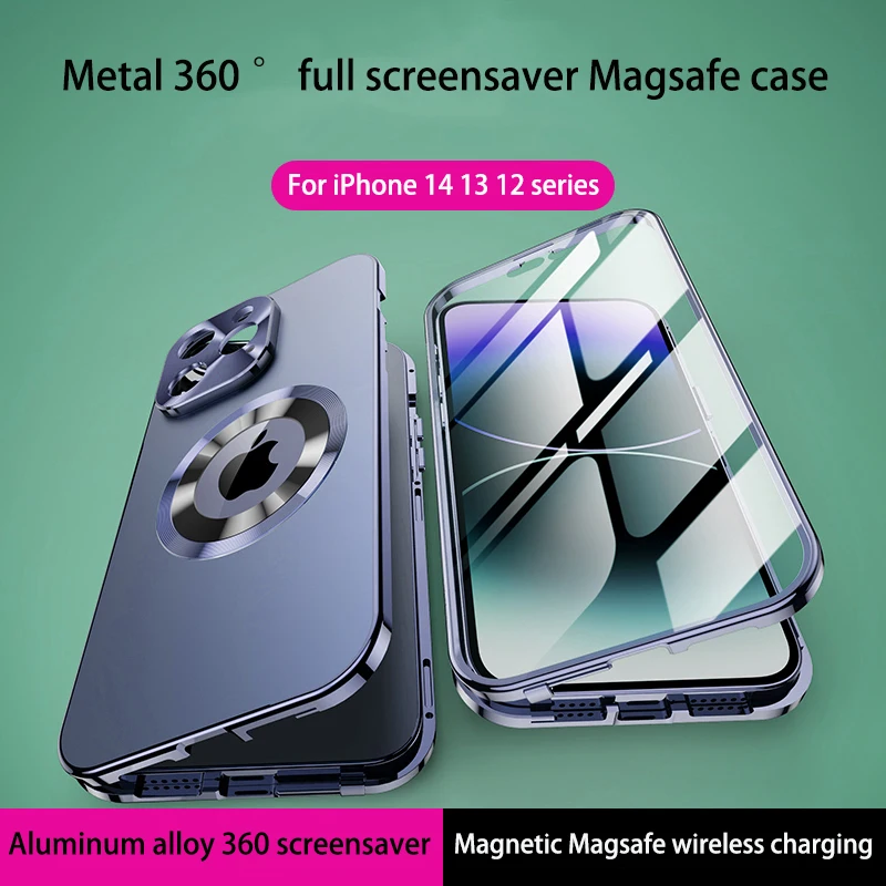

Чехол для iPhone 15, 12, 13, 14 Pro Max, Металлические Магнитные Чехлы Magsafe с линзами на весь экран 360 °, защитное стекло HD из алюминиевого сплава