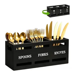 Space - Saving Wooden Utensil Holder with Hollow - Out Design and 3 Compartments (Light Grey)