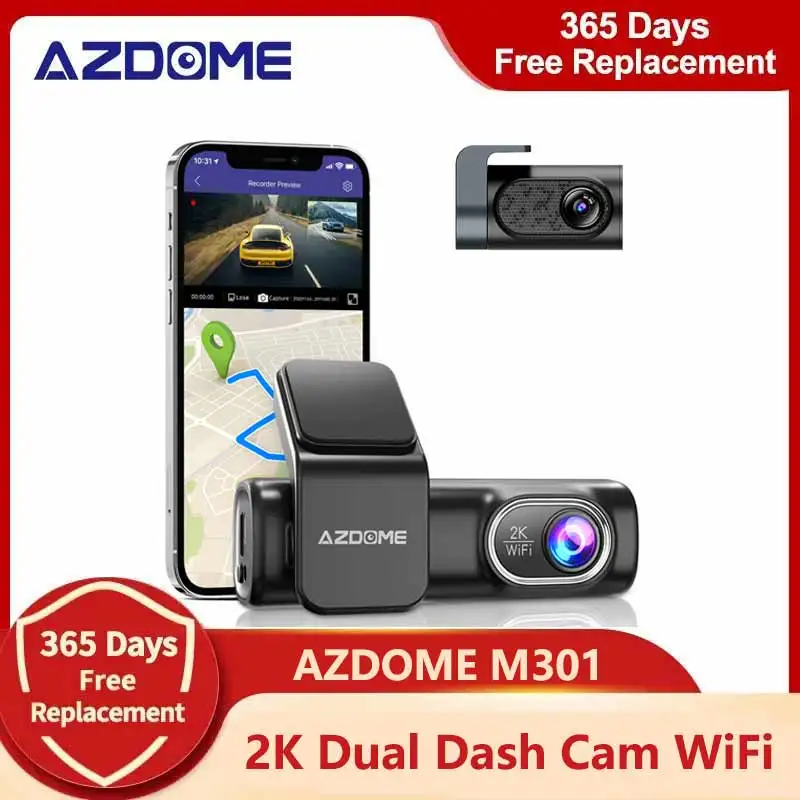 

AZDOME M301 2K Dual Dashcams Dash Cam Front and Rear Built In WiFi Voice Control Night Vision G-Sensor 24H Parking Monitoring