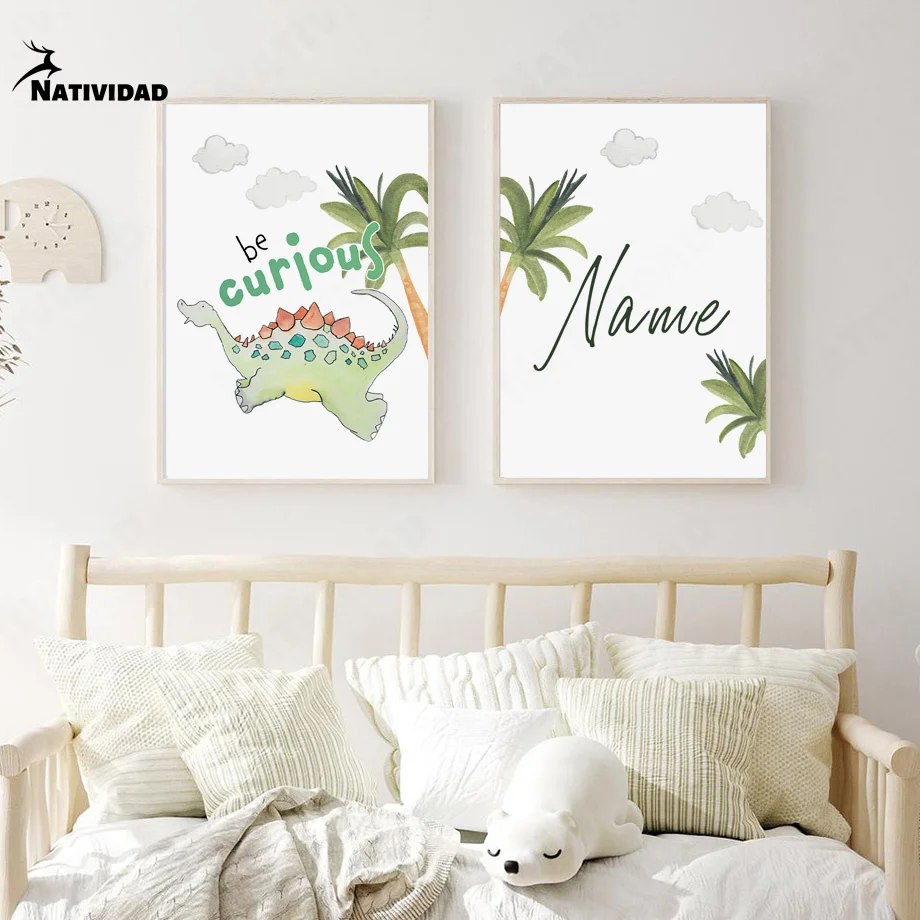 

Cartoon Cute Dinosaur Custom Name Canvas Painting Watercolor Nordic Wall Art Posters Print Pictures Kids Room Home Decor