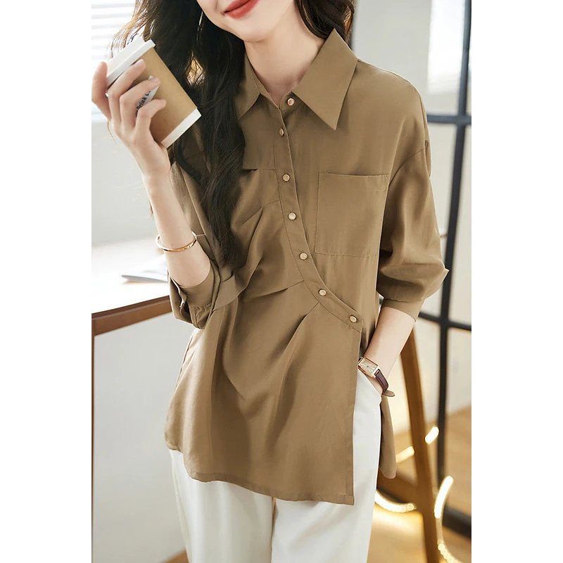 Spring Autumn Polo-neck Irregular Korean Fashion Shirt Ladies Loose Casual Buttons Long Sleeve Blouse Top Women Elegant Cardigan
