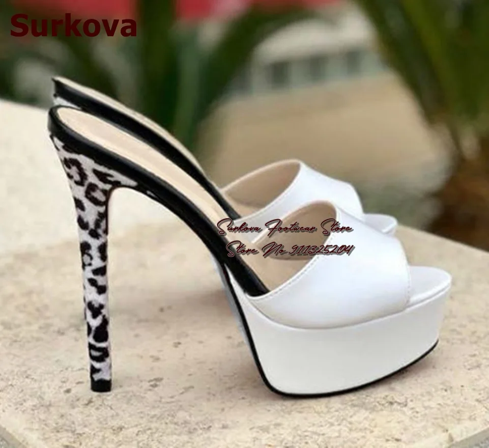 Surkova White Matte Leather Stiletto Heel Modern Slippers High Platform Open Toe Sandals Slip-On Leopard Patchwork Dress Pumps