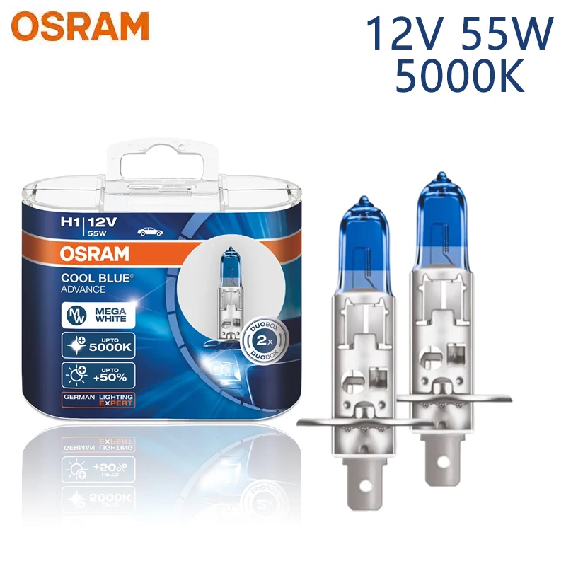 OSRAM H1 62150CBA 할로겐 쿨 블루 어드밴스 12V 55W 자동차 오리지널 헤드라이트 5000K 백색광 +50% 더 밝음, 한 쌍