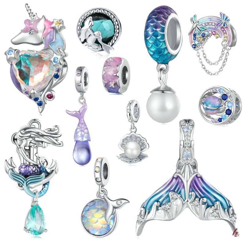 

925 Silver Charms 925 Original Mermaid Series Colorful Unicorn Fish Scale Freshwater Pearl Shell PendantDIY Jewelry Accessories