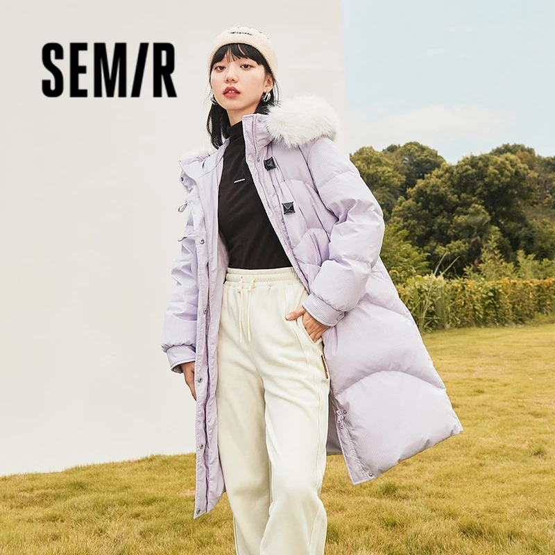 Semir Long Down Jacket Women Big Fur Collar Hooded Warm All-Match 2023 Winter New Loose Horn Button Jacket