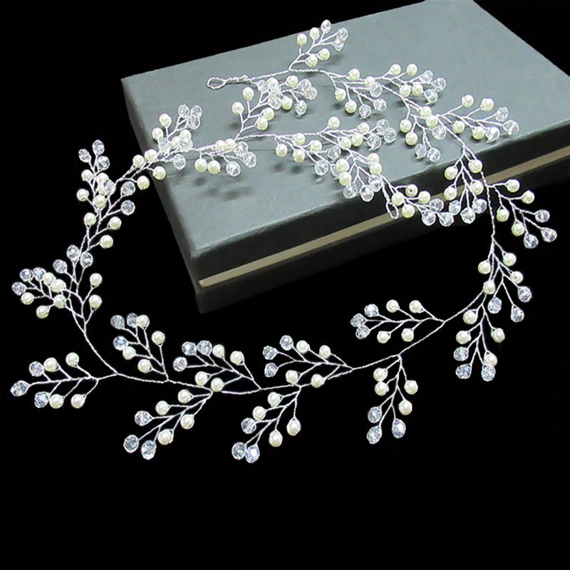 Crystal Pearl Headdress For Bride White Vine Headband Luxury Rhinestone Hair Band Bride Hair Accessories Wedding Ornaments o363 crystal rhinestone wedding hairband hair ornaments snow flower headband for cathedral wedding bridal hairpiece